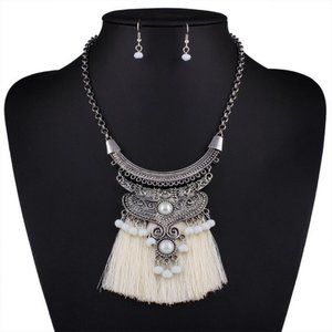 NS12 | Boho White Tassel Statement Necklace Set